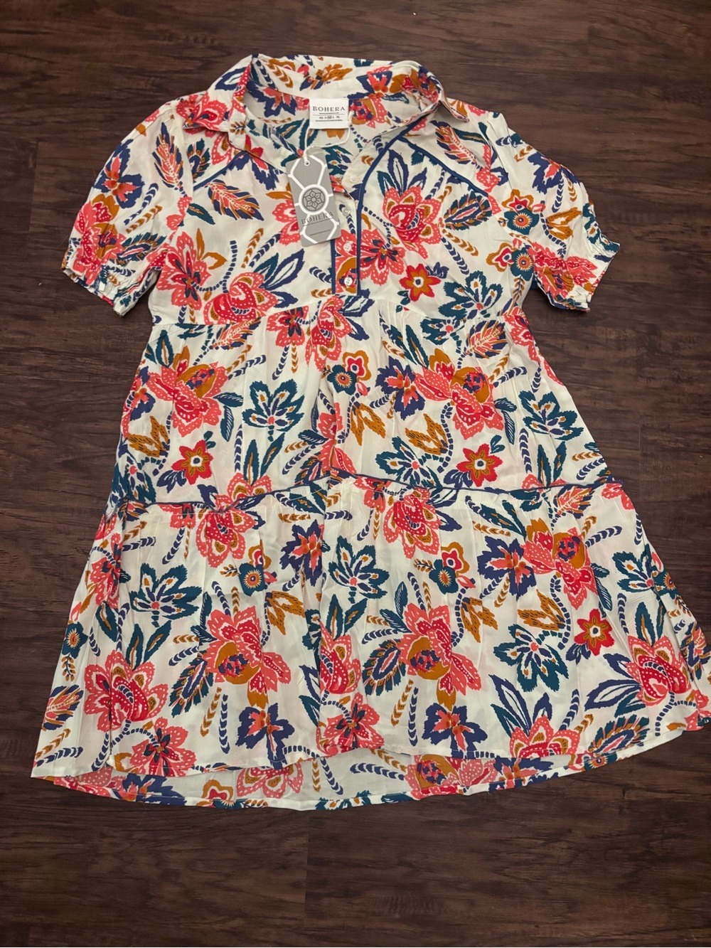 Women's Floral Tiered Casual Dress in Cream with Pink & Blue Print